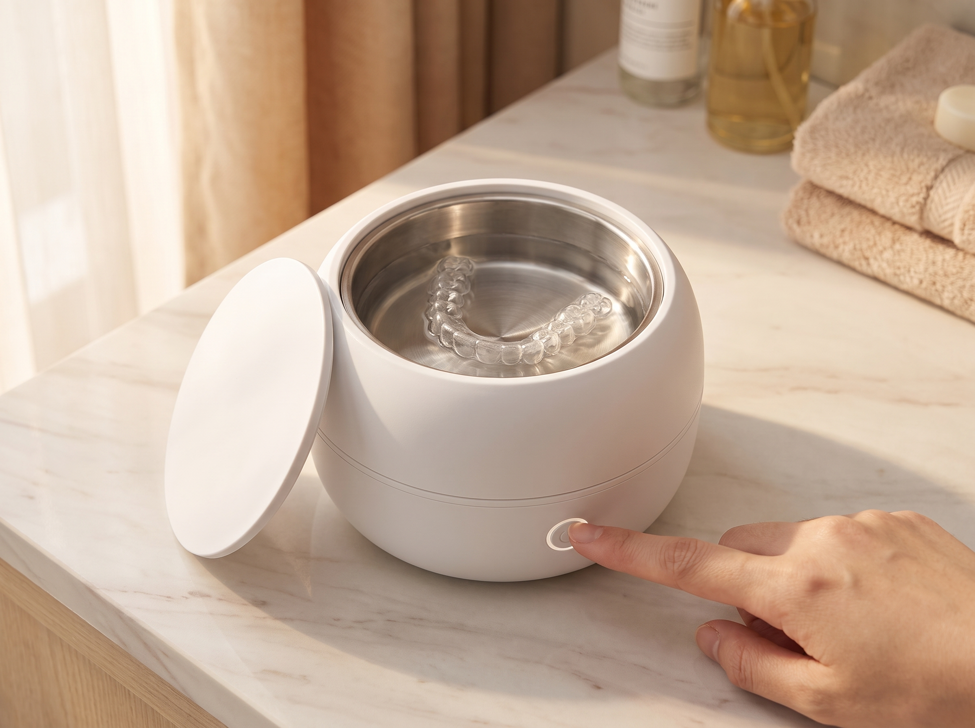 Crestarize One cleaning a clear retainer on a bathroom counter, finger pressing the power button